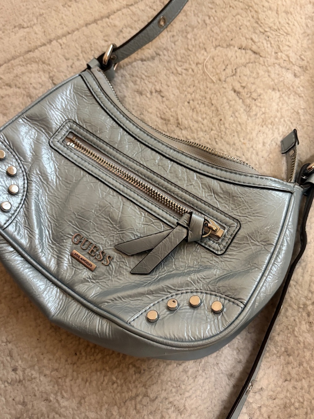 GUESS Metallic Light Silver Shoulder Bag with Stud Accents